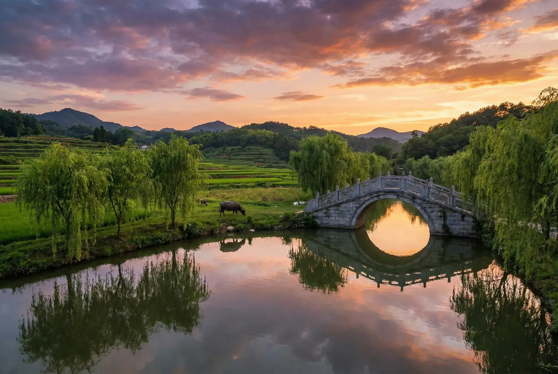 夕阳下的石拱桥与垂柳，水牛在河边吃草 - 一路向西百度影音bd 乡村美景